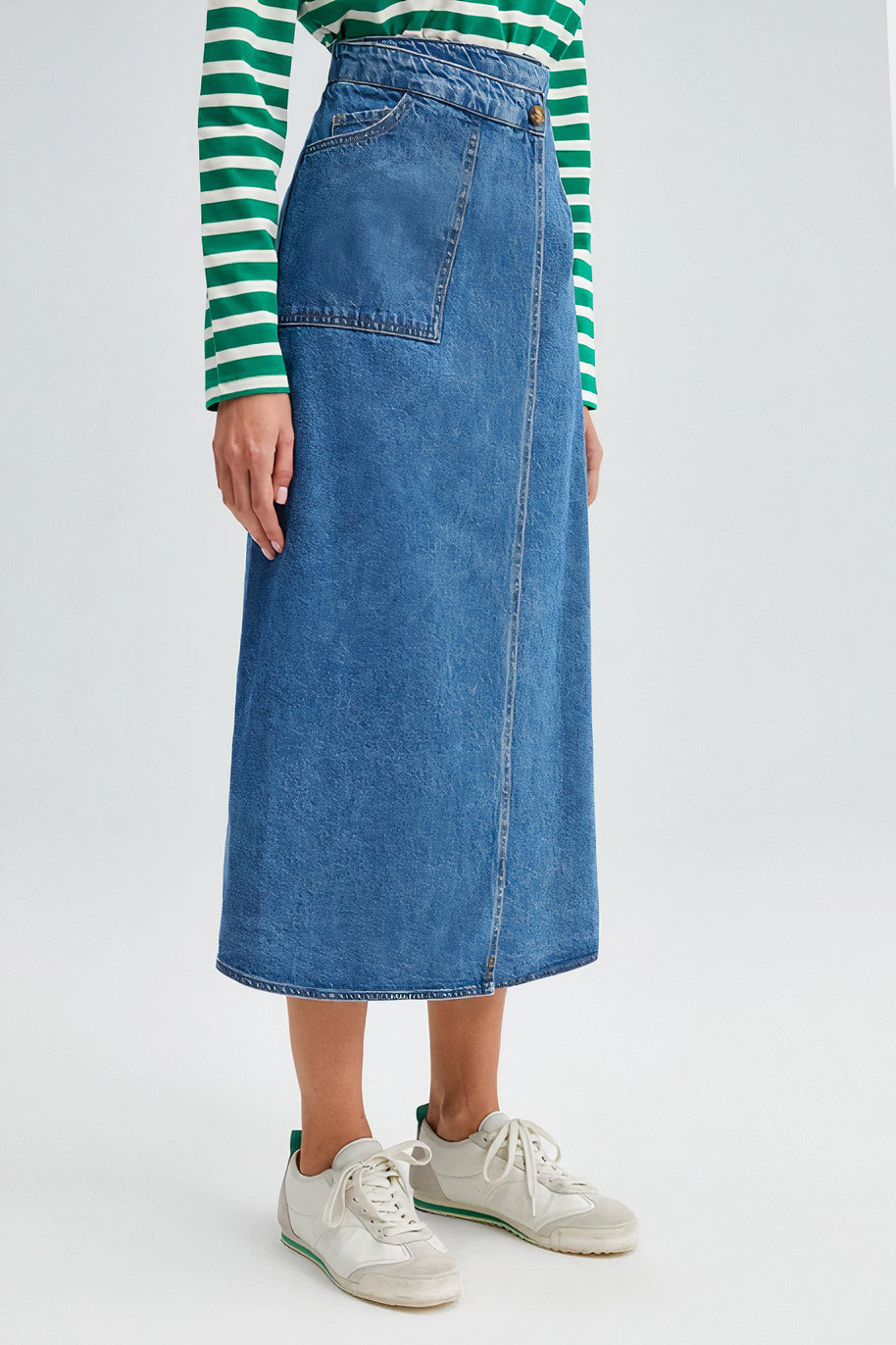 The Denim Wrap Midi Skirt