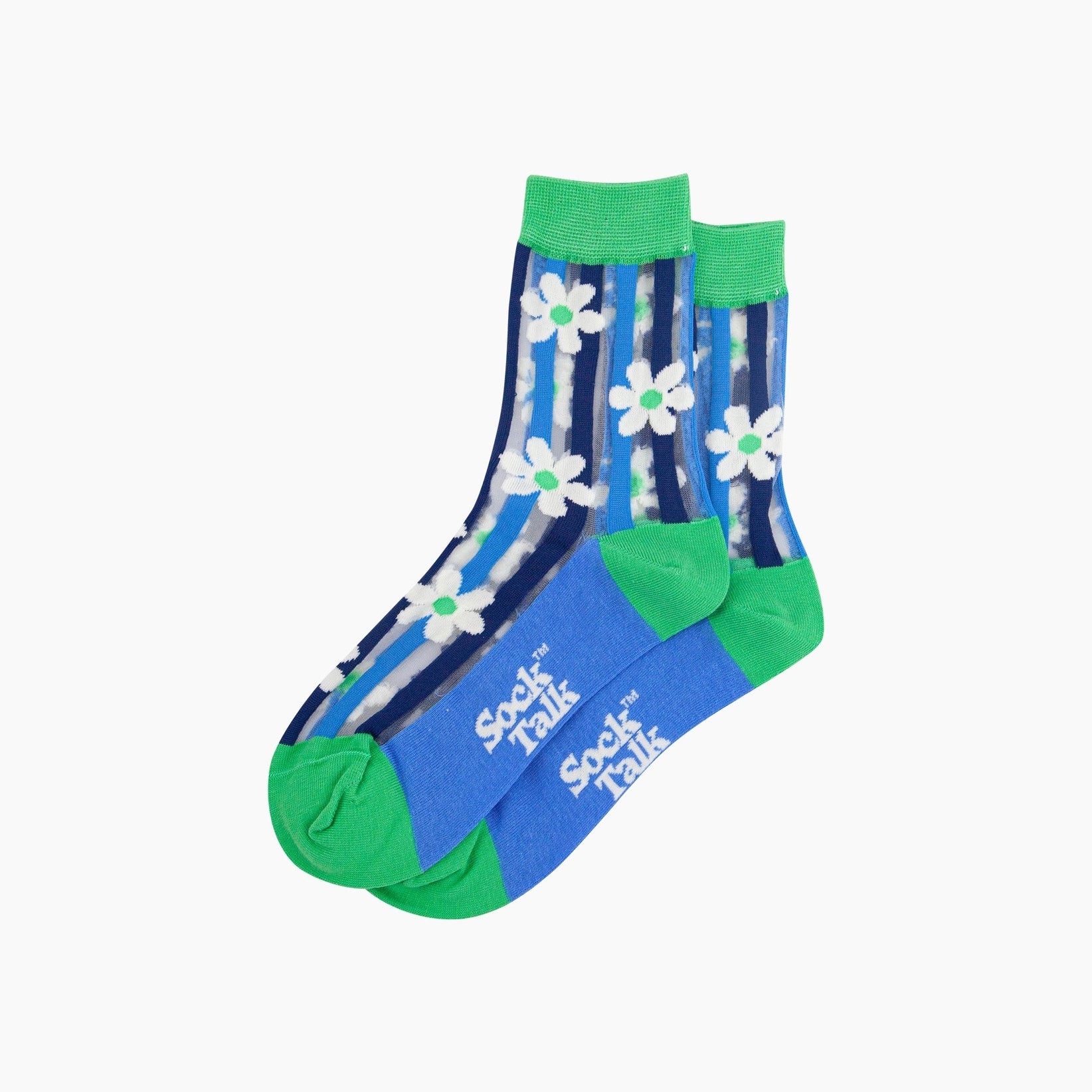 Pair of socks with floral design and green accents on a white background