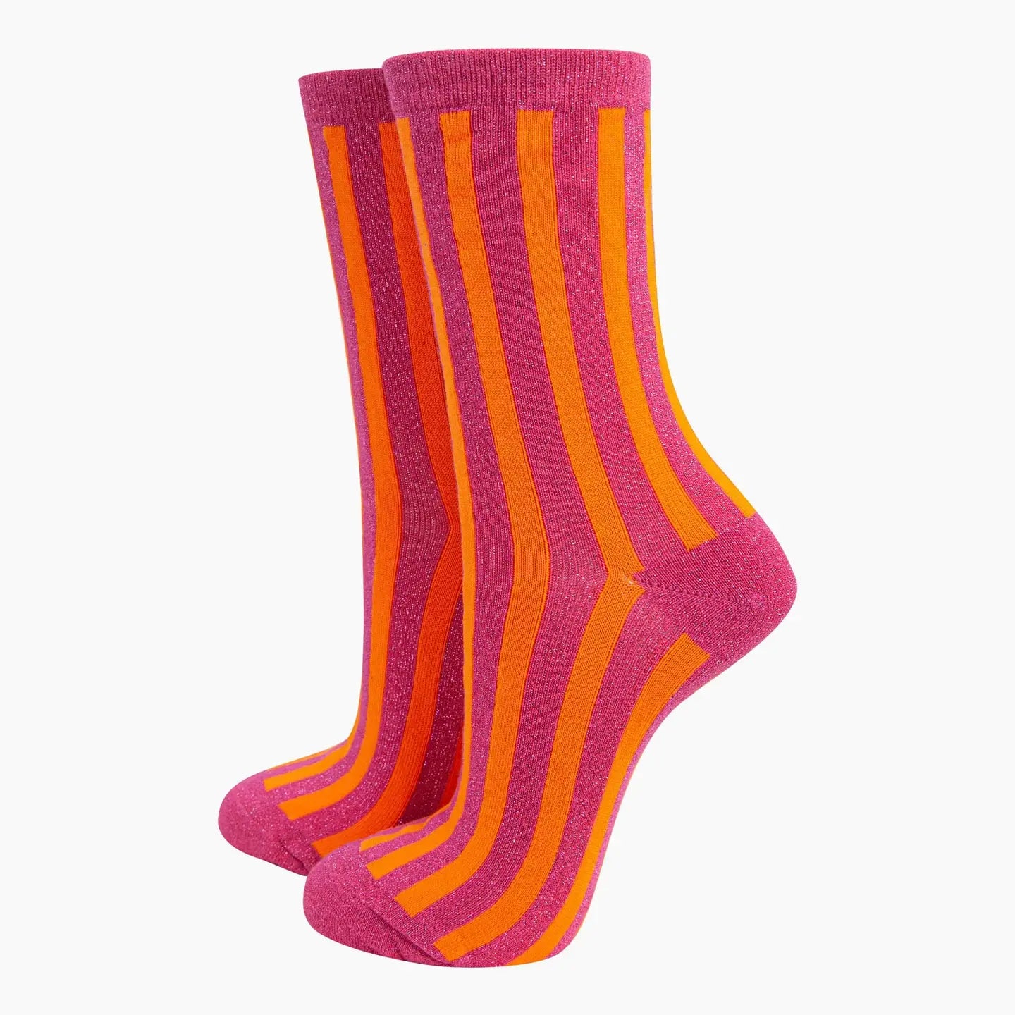 Pair of pink and orange striped socks on a white background